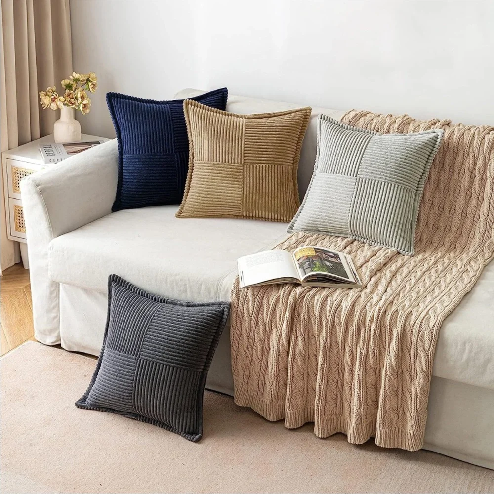 Tan Striped Texture Corduroy Decorative Farmhouse Luxury Soft Pillow Cover Set